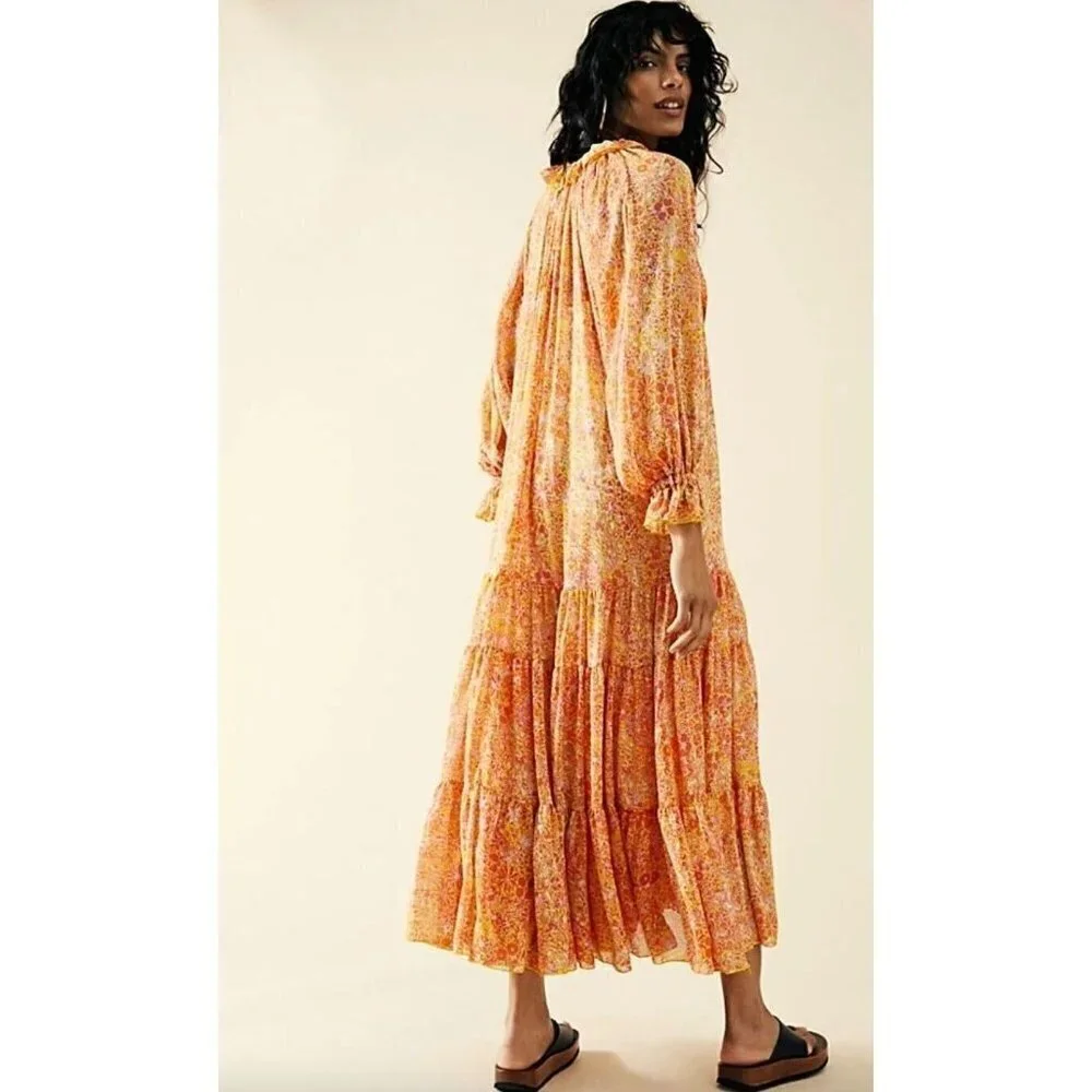 NEW Free People Feeling Groovy Maxi Dress Orange Floral Size S Flowy A-line Slip - Picture 2 of 7